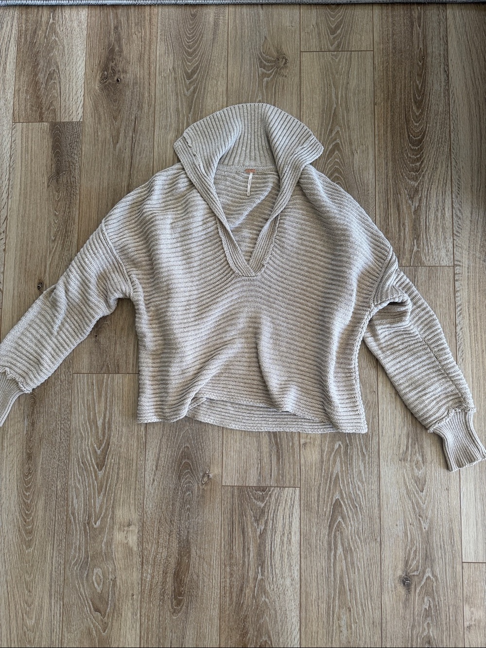Free People Ribbed Cowl V-Neck Sweater in Light Grey